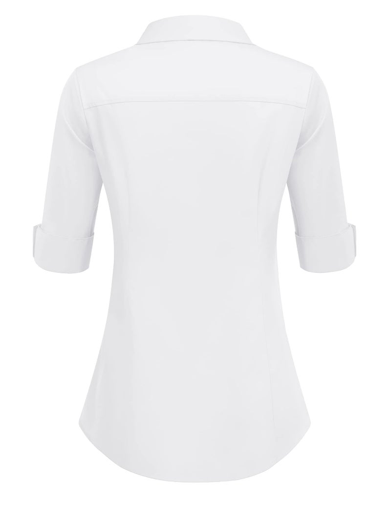 HOTOUCH White Dress Shirt Women Tailored 3/4 Sleeve Basic Button Down Shirt with Stretch Fitted Blouse (White M) - Image 5